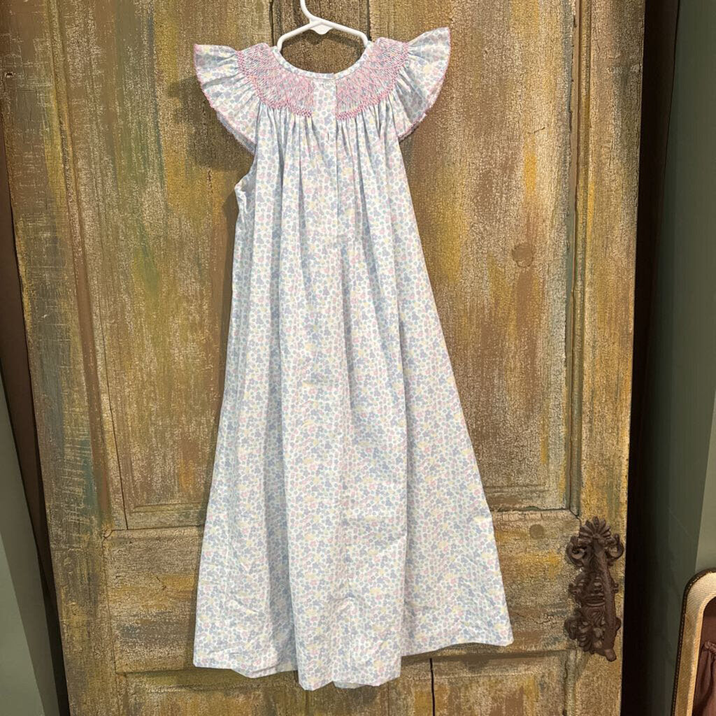 purple, pink, yellow, and blue flower smock dress