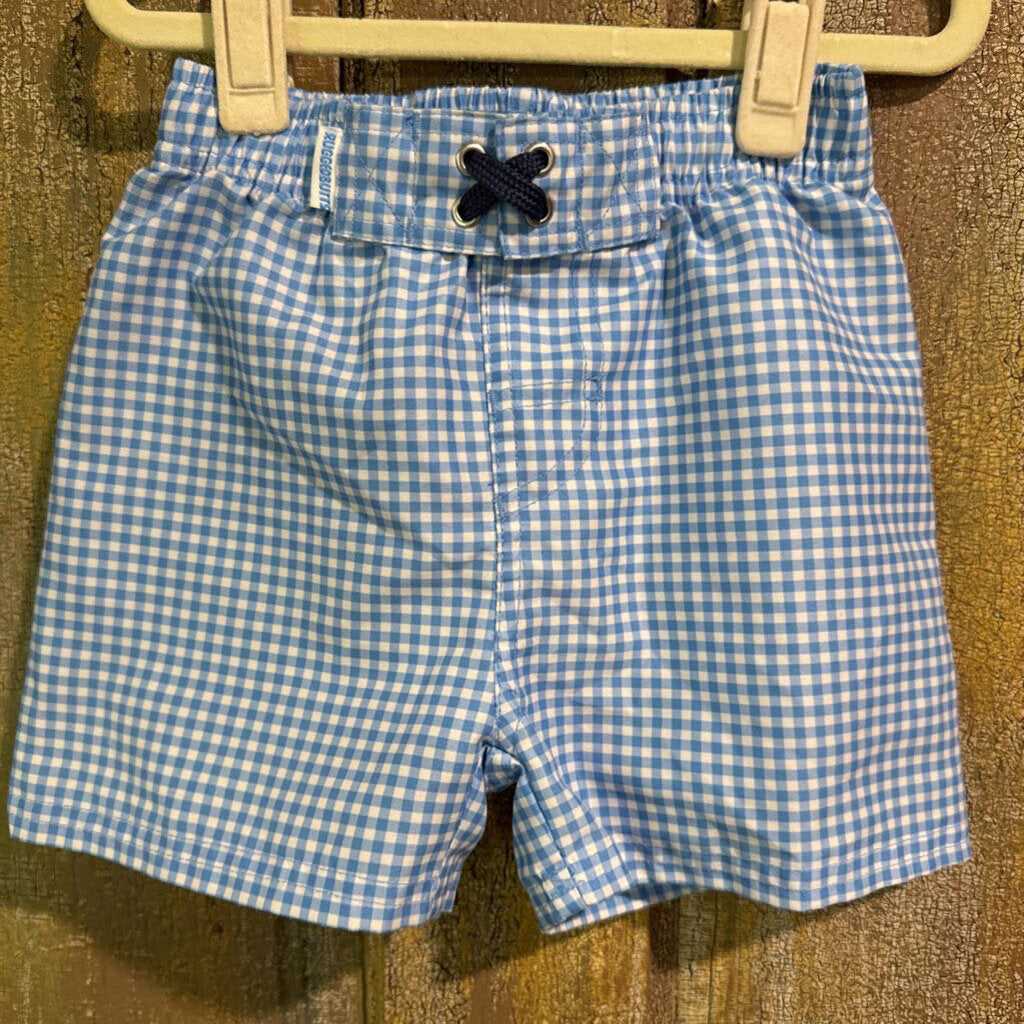 blue plaid swim trunks