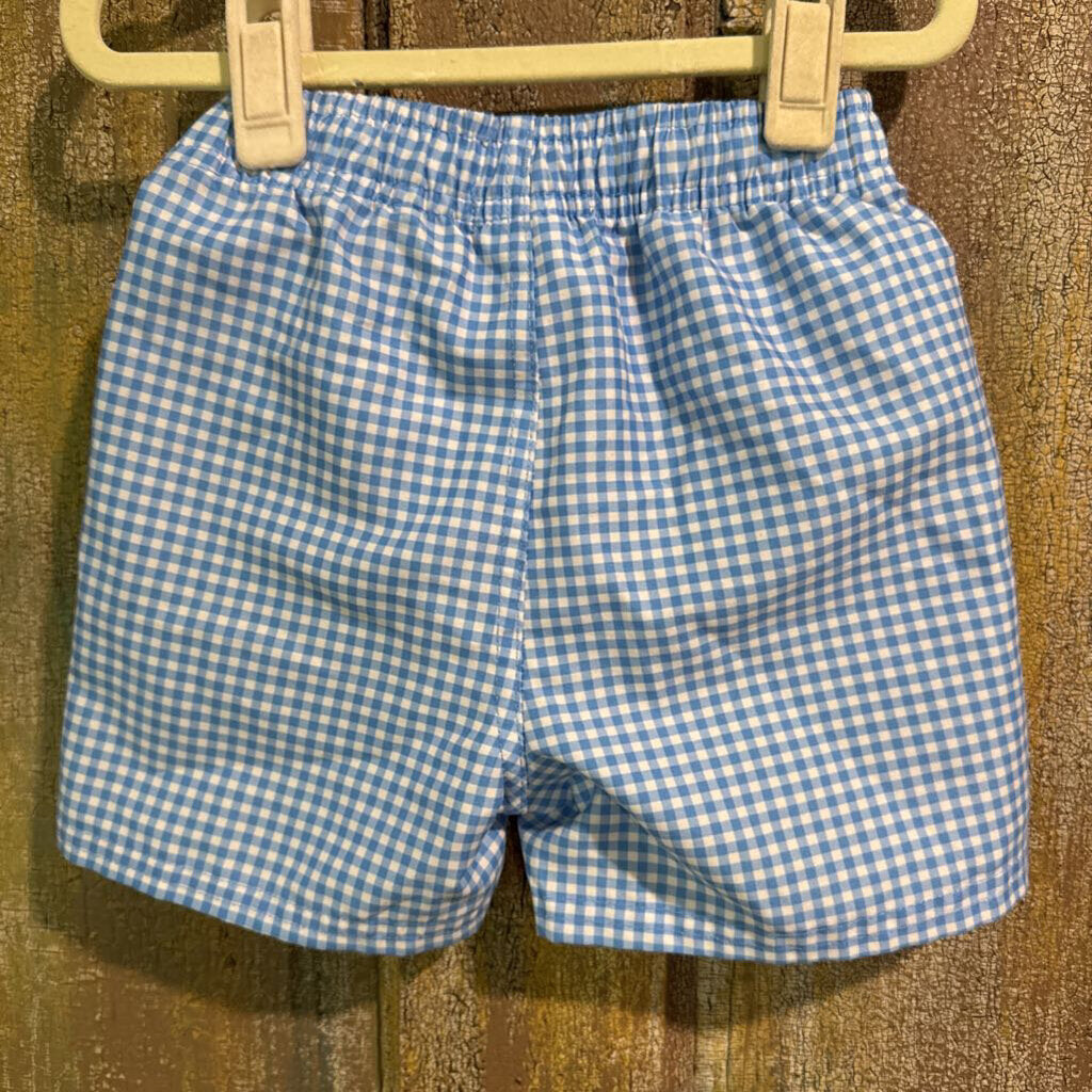blue plaid swim trunks