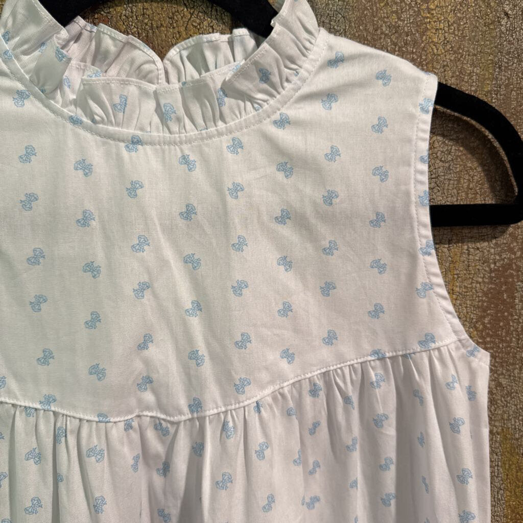 white with blue bow dress