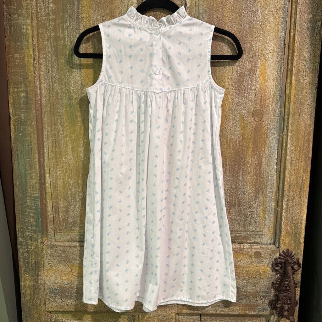 white with blue bow dress