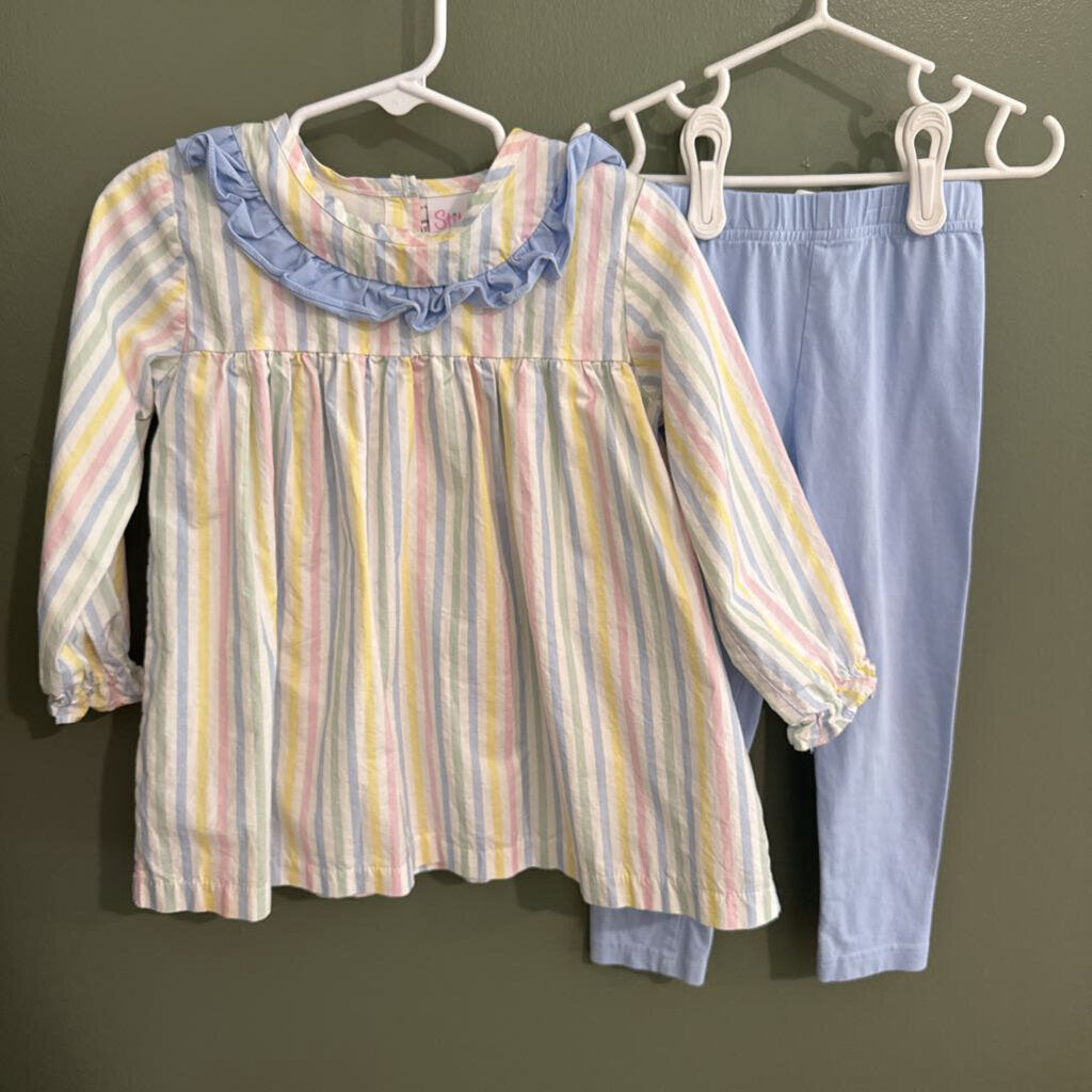 pastel stripped shirt with blue leggings