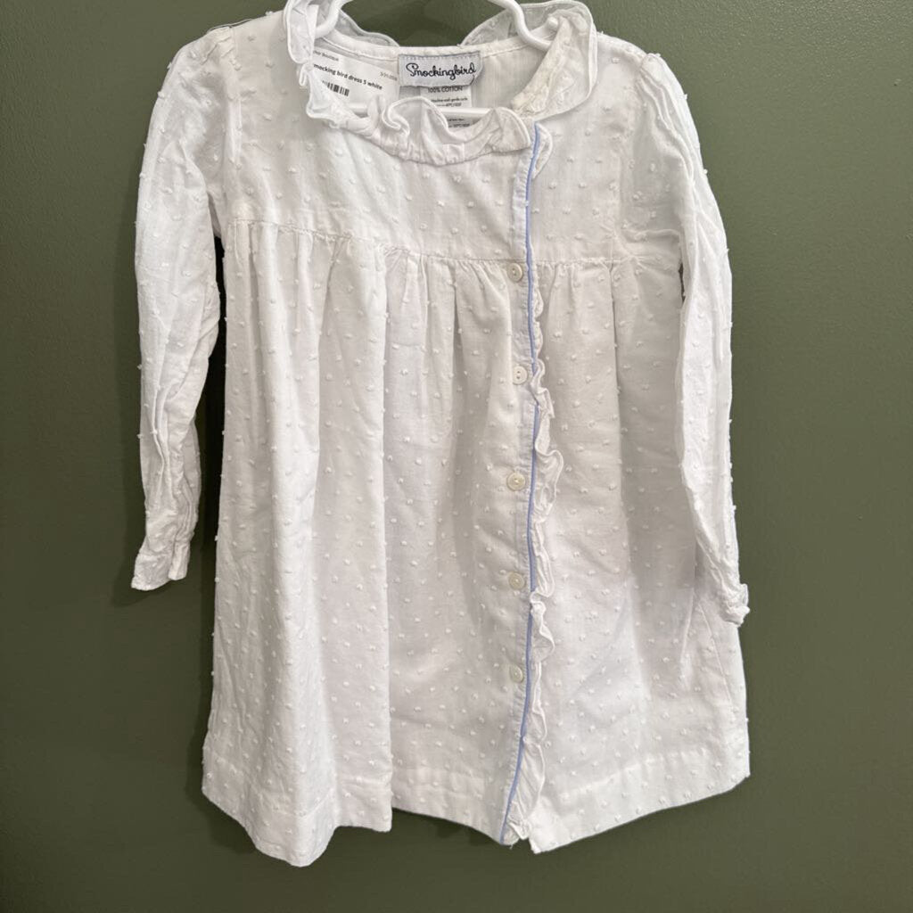 white smocking bird dress